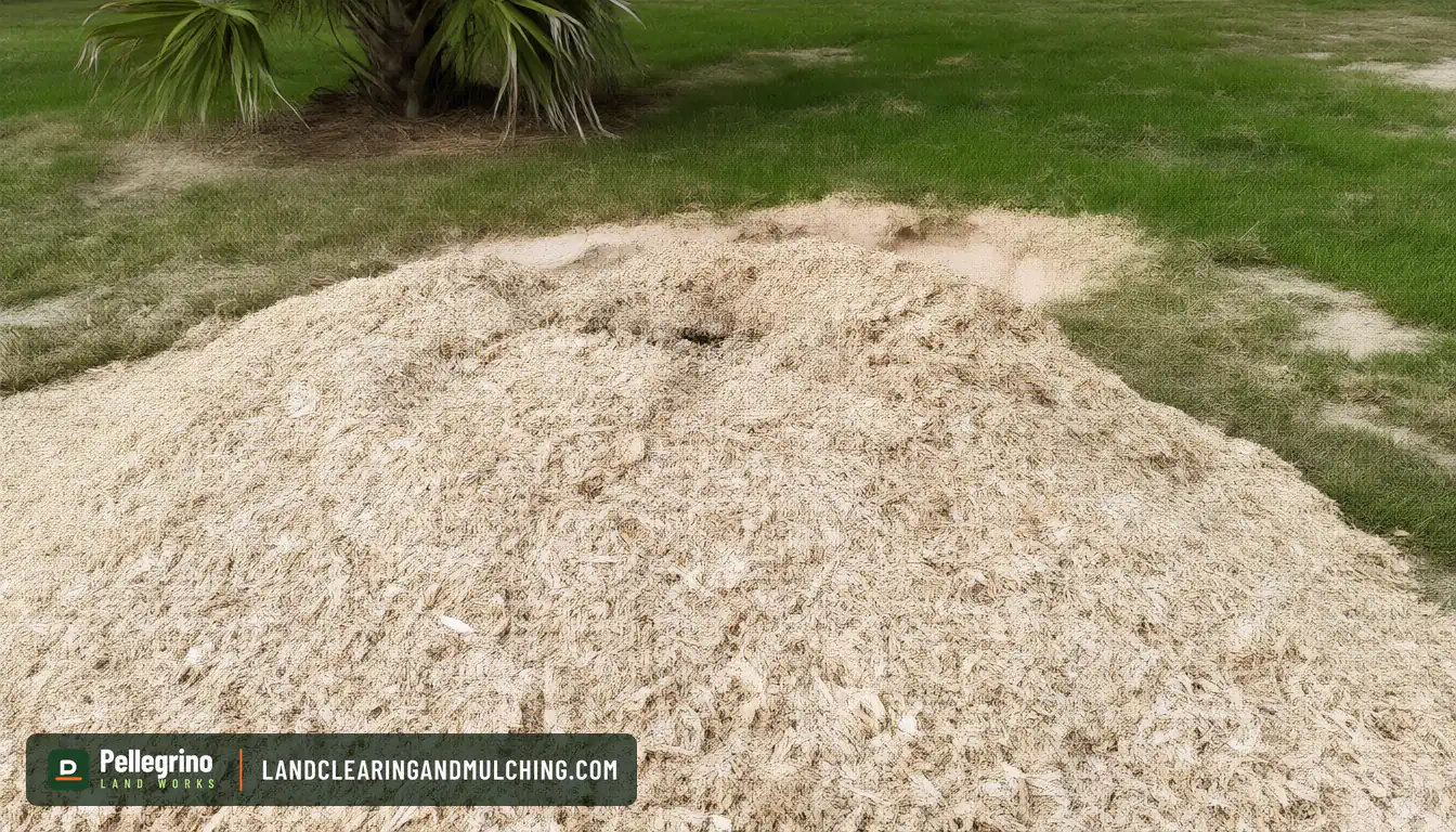 Pile of stump grindings shoveled out next to a shallow hole in a sandy Florida lawn