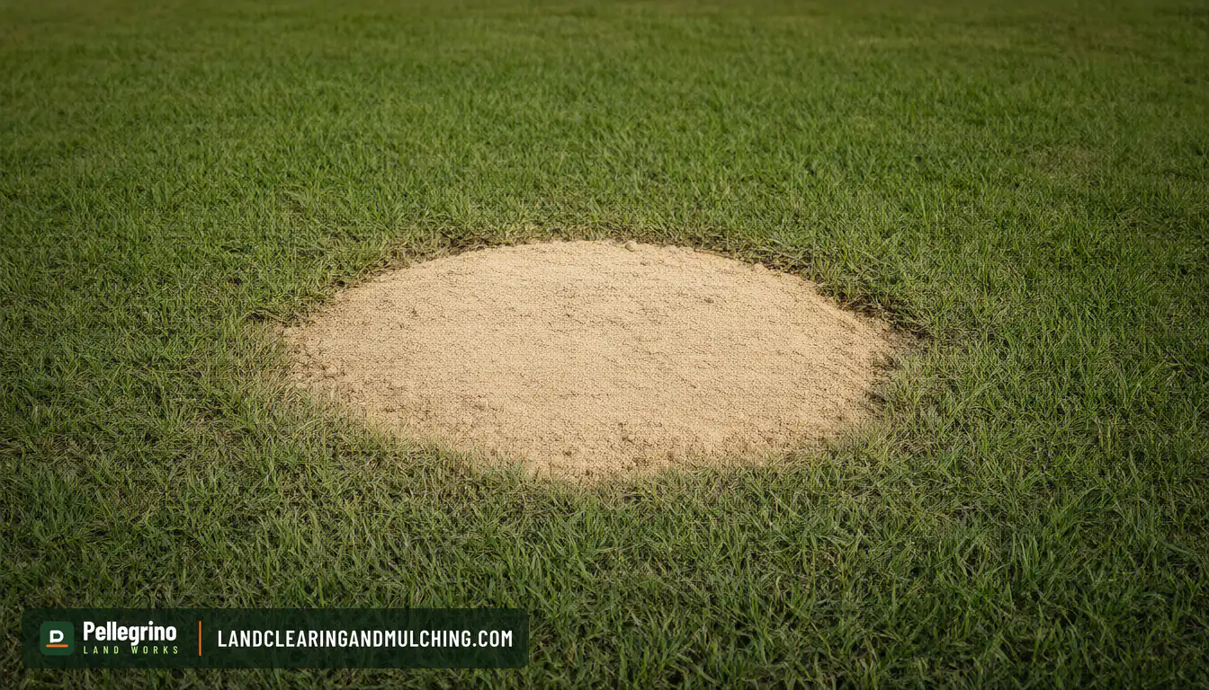 Former stump hole in a Florida lawn filled with fill dirt and mounded slightly above the grass