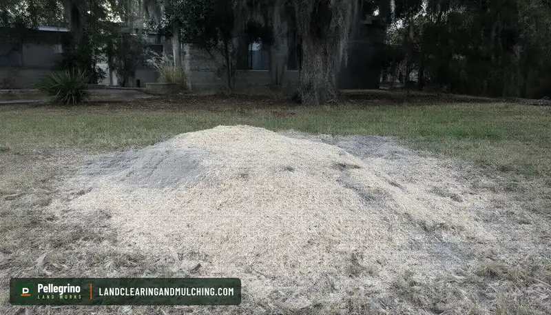 Freshly ground pine stump in a sandy Florida backyard, a low mound of wood chips and sand where the trunk stood