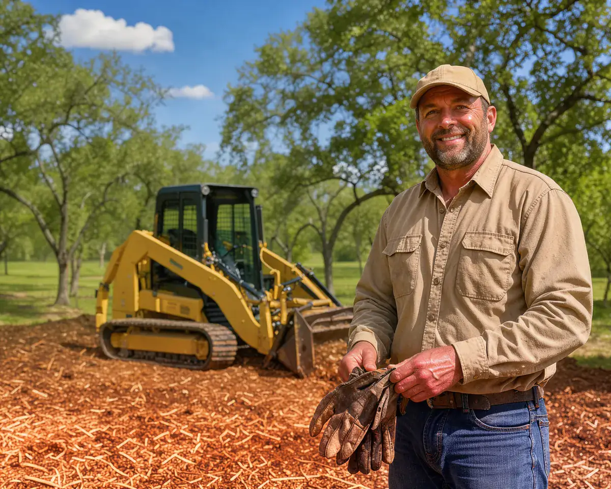 Crew lead beside a compact track loader on freshly mulched ground