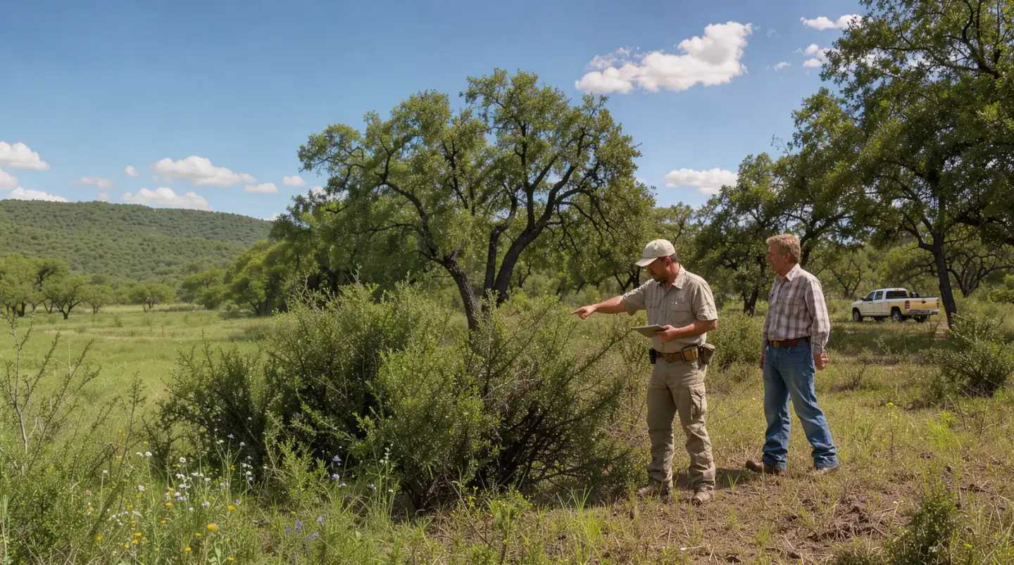 Two men walking a brushy lot during a free on-site estimate